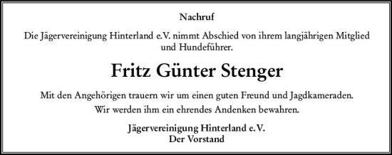 Traueranzeige von Fritz Günter Stenger von Hinterländer Anzeiger