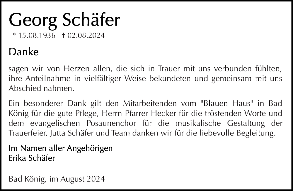  Traueranzeige für Georg Schäfer vom 31.08.2024 aus Odenwälder Echo