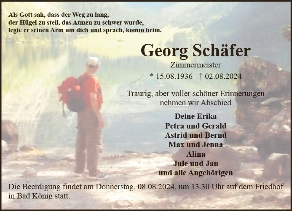  Traueranzeige für Georg Schäfer vom 07.08.2024 aus Odenwälder Echo