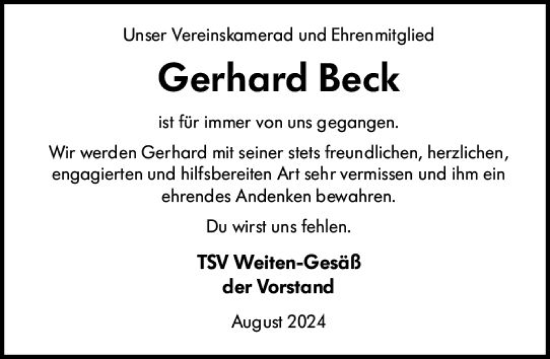 Traueranzeige von Gerhard Beck von Odenwälder Echo
