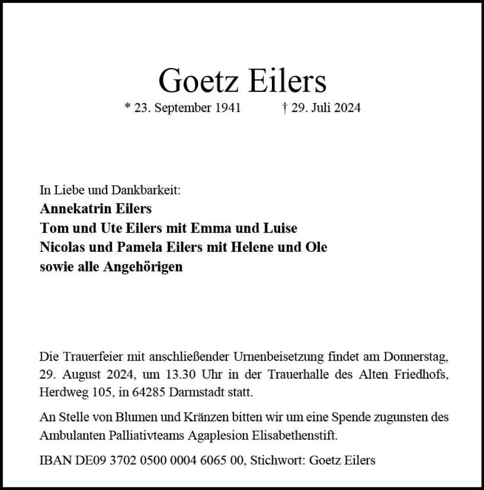  Traueranzeige für Goetz Eilers vom 17.08.2024 aus Darmstädter Echo