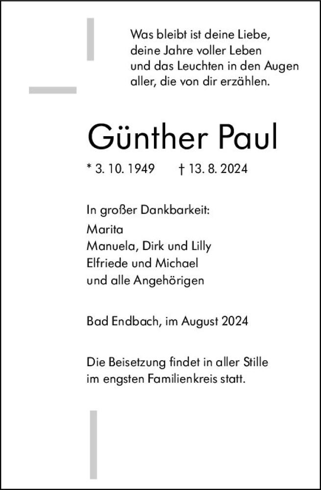  Traueranzeige für Günther Paul vom 26.08.2024 aus Hinterländer Anzeiger