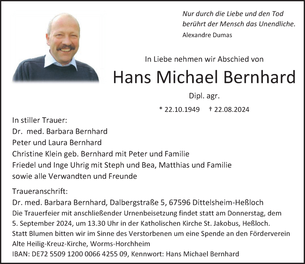  Traueranzeige für Hans Michael Bernhard vom 31.08.2024 aus Wormser Zeitung