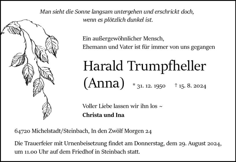  Traueranzeige für Harald Trumpfheller vom 24.08.2024 aus Odenwälder Echo