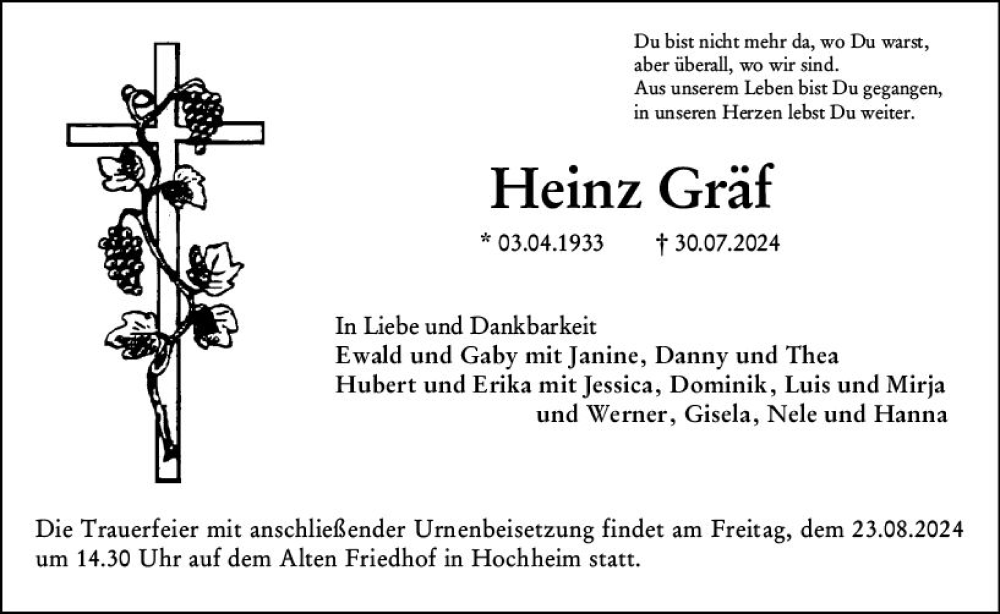  Traueranzeige für Heinz Gräf vom 16.08.2024 aus Hochheimer Zeitung