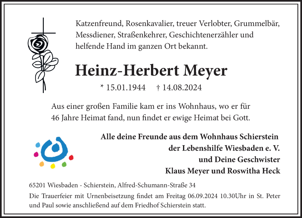  Traueranzeige für Heinz-Herbert Meyer vom 31.08.2024 aus Wiesbadener Kurier