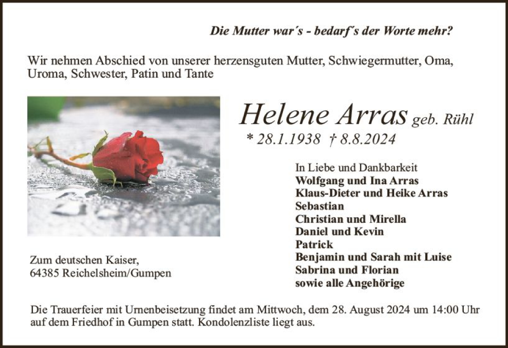  Traueranzeige für Helene Arras vom 24.08.2024 aus Odenwälder Echo