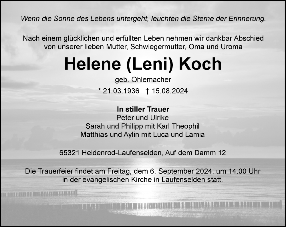  Traueranzeige für Helene Koch vom 31.08.2024 aus Wiesbadener Kurier