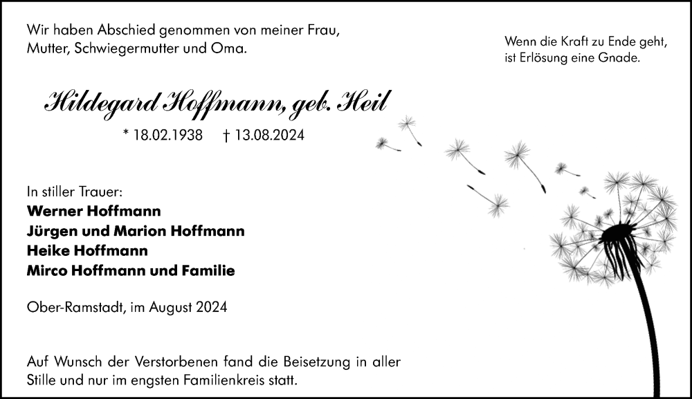  Traueranzeige für Hildegard Hoffmann vom 31.08.2024 aus Darmstädter Echo