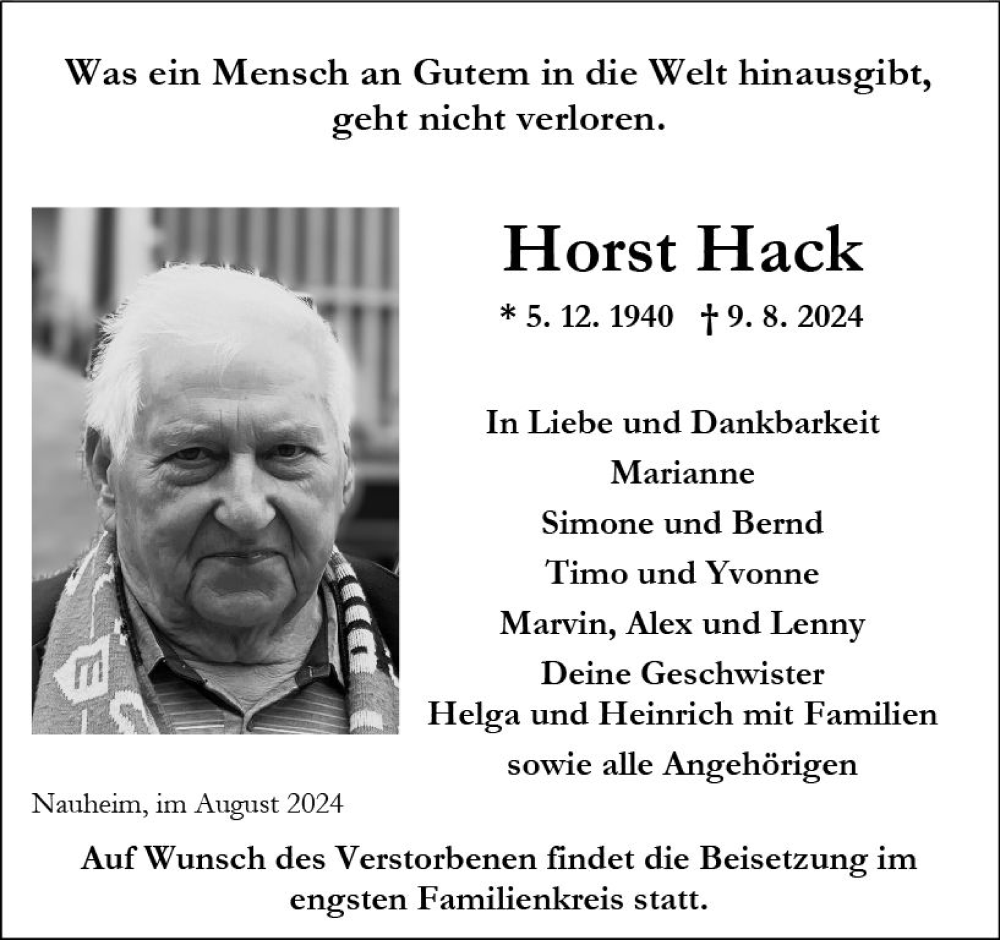  Traueranzeige für Horst Hack vom 24.08.2024 aus Rüsselsheimer Echo