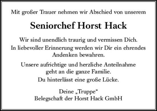 Traueranzeige von Horst Hack von Rüsselsheimer Echo