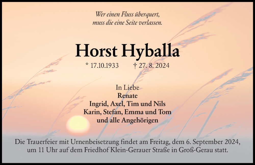  Traueranzeige für Horst Hyballa vom 31.08.2024 aus Groß-Gerauer Echo