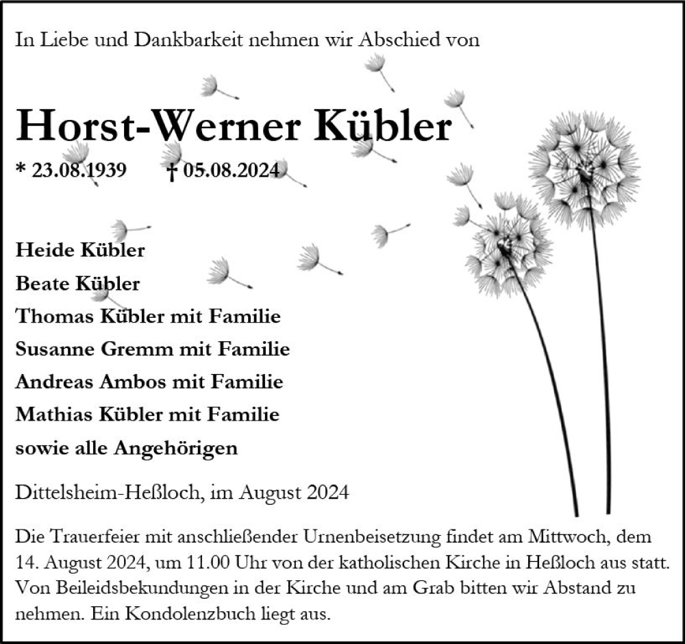  Traueranzeige für Horst-Werner Kübler vom 10.08.2024 aus Wormser Zeitung