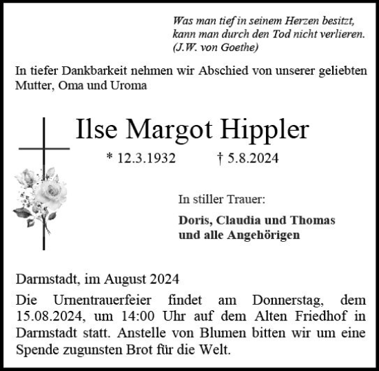 Traueranzeige von Ilse Margot Hippler von Darmstädter Echo