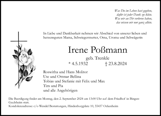 Traueranzeige von Irene Poßmann von Allgemeine Zeitung Rheinhessen-Nahe