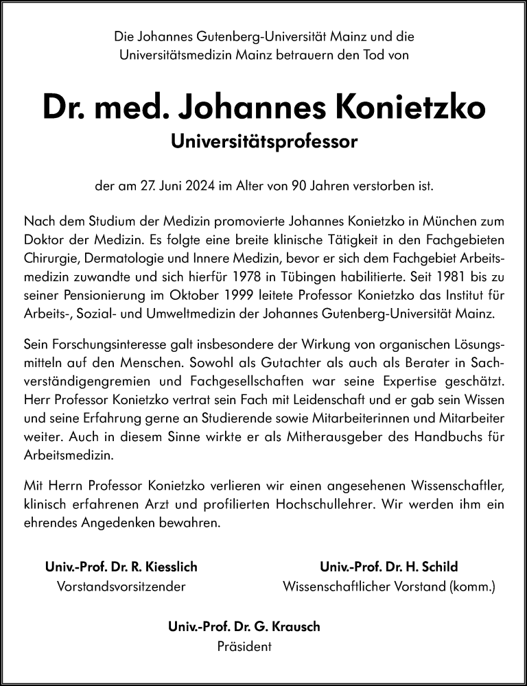  Traueranzeige für Johannes Konietzko vom 31.08.2024 aus Allgemeine Zeitung Mainz