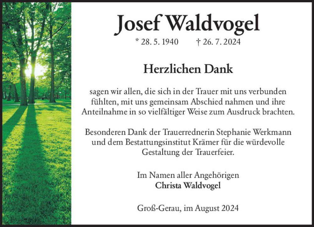  Traueranzeige für Josef Waldvogel vom 24.08.2024 aus Groß-Gerauer Echo