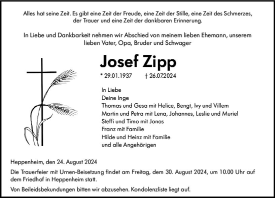 Traueranzeige von Josef Zipp von Starkenburger Echo