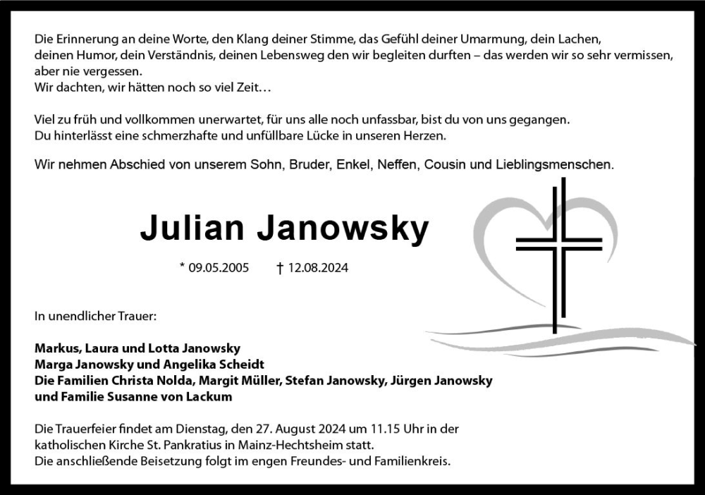  Traueranzeige für Julian Janowsky vom 24.08.2024 aus Allgemeine Zeitung Mainz