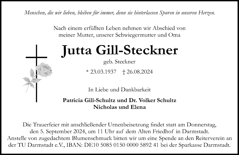  Traueranzeige für Jutta Gill-Steckner vom 31.08.2024 aus Darmstädter Echo
