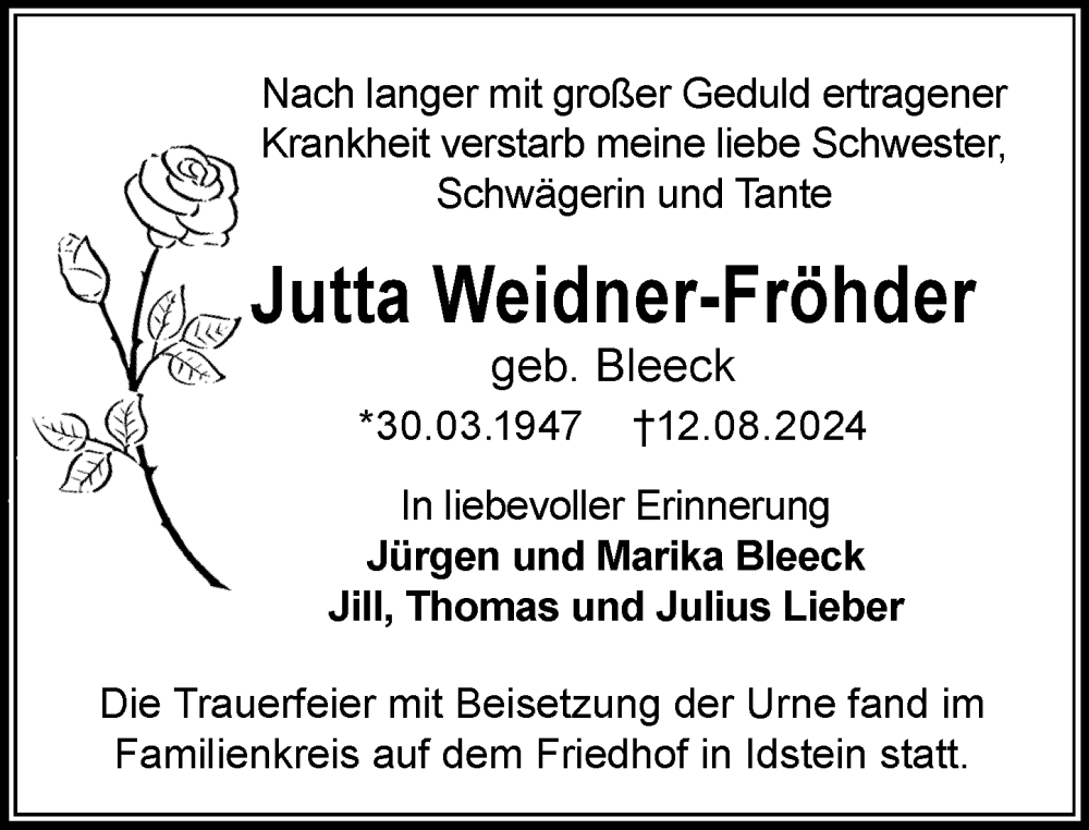  Traueranzeige für Jutta Weidner-Fröhder vom 31.08.2024 aus Idsteiner Land/Untertaunus