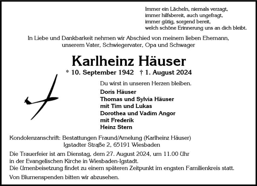  Traueranzeige für Karlheinz Häuser vom 10.08.2024 aus Wiesbadener Kurier