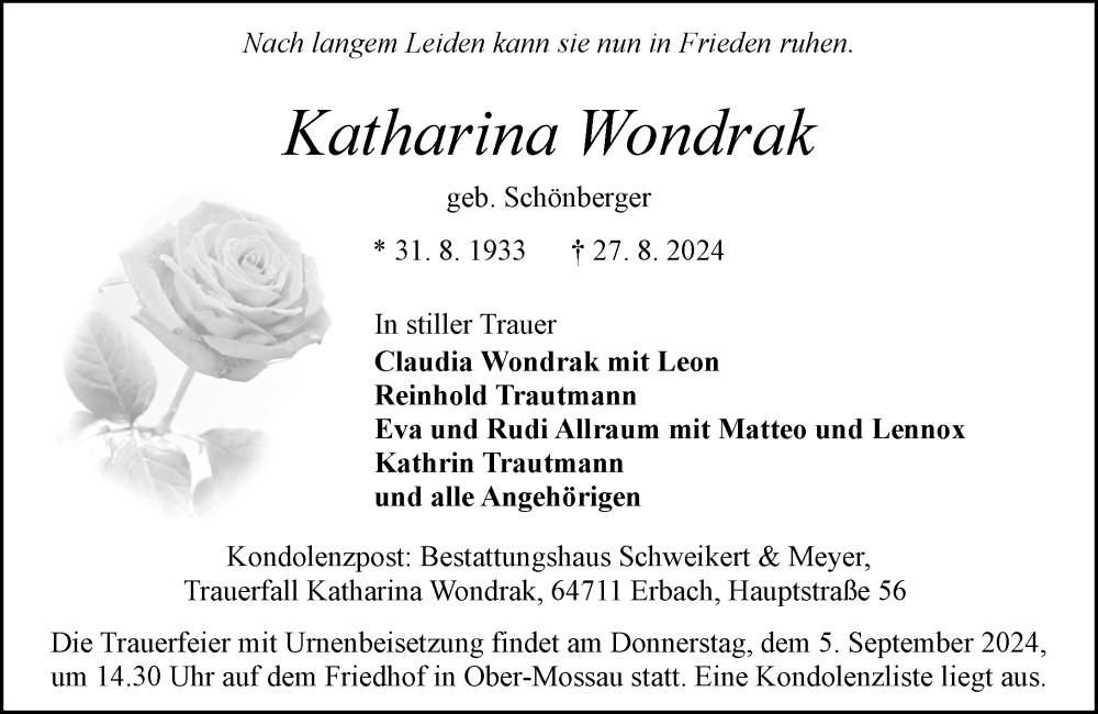  Traueranzeige für Katharina Wondrak vom 31.08.2024 aus Odenwälder Echo