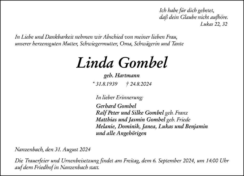  Traueranzeige für Linda Gombel vom 31.08.2024 aus Dill Block