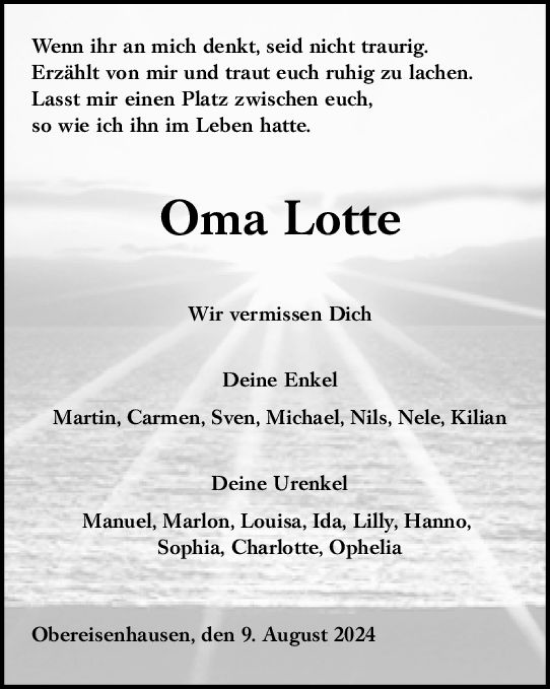 Traueranzeige von Lotte  von Hinterländer Anzeiger