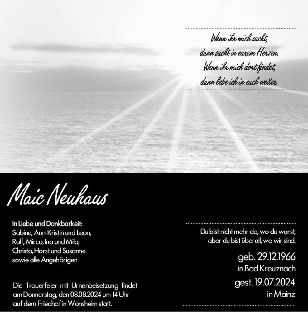  Traueranzeige für Maic Neuhaus vom 02.08.2024 aus Allgemeine Zeitung Alzey