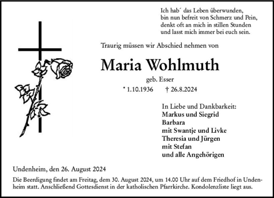 Traueranzeige von Maria Wohlmuth von Allgemeine Zeitung Mainz