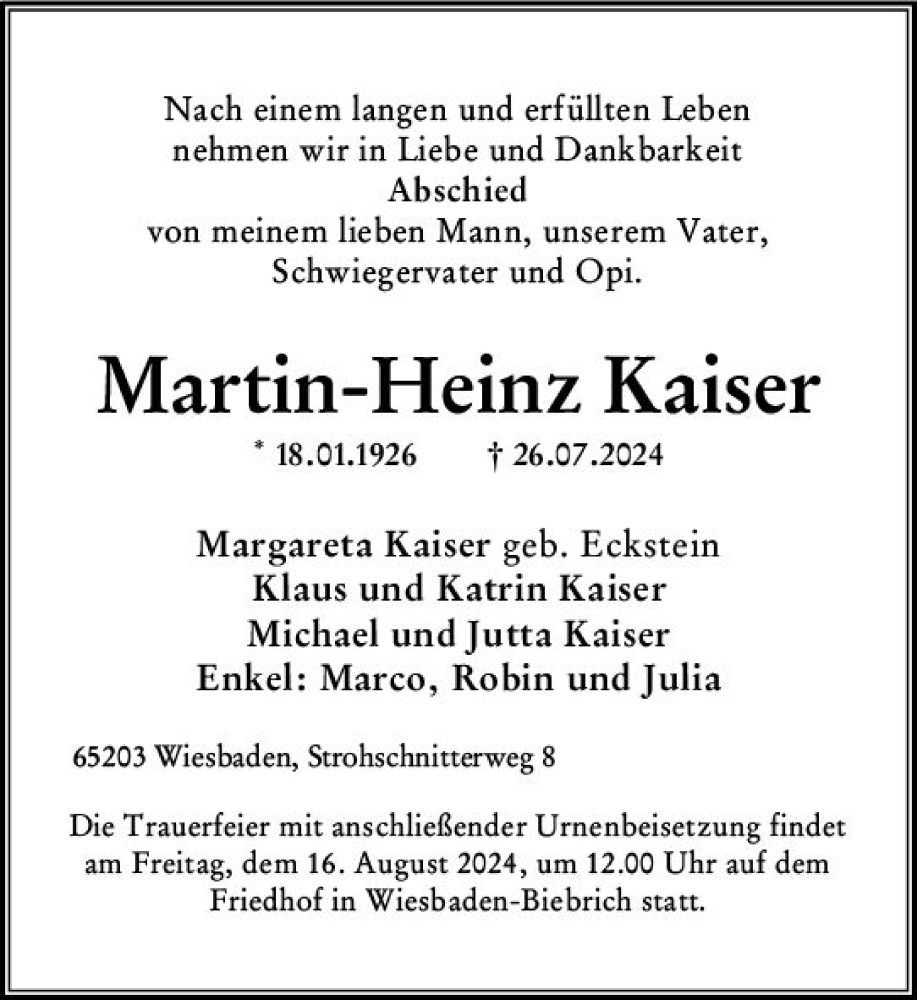  Traueranzeige für Martin-Heinz Kaiser vom 10.08.2024 aus Wiesbadener Kurier