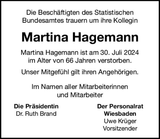 Traueranzeige von Martina Hagemann von Wiesbadener Kurier