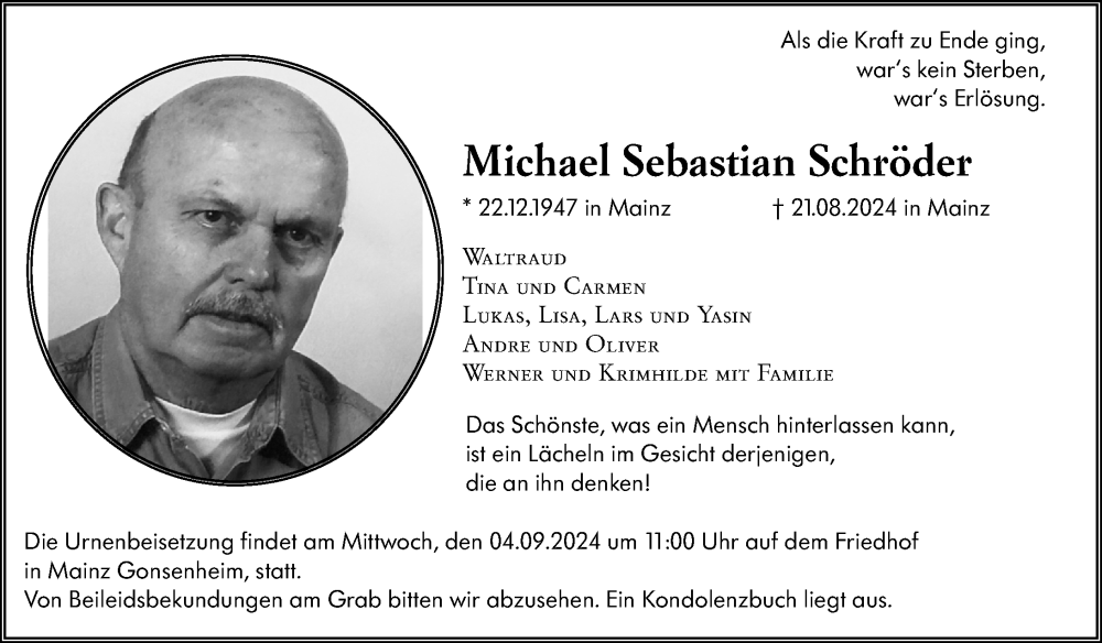  Traueranzeige für Michael Sebastian Schröder vom 31.08.2024 aus Allgemeine Zeitung Mainz