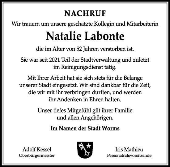Traueranzeige von Natalie Labonte von Wormser Zeitung