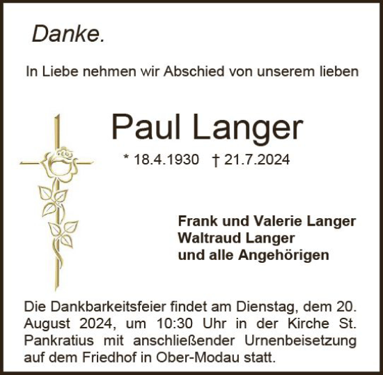 Traueranzeige von Paul Langer von Darmstädter Echo