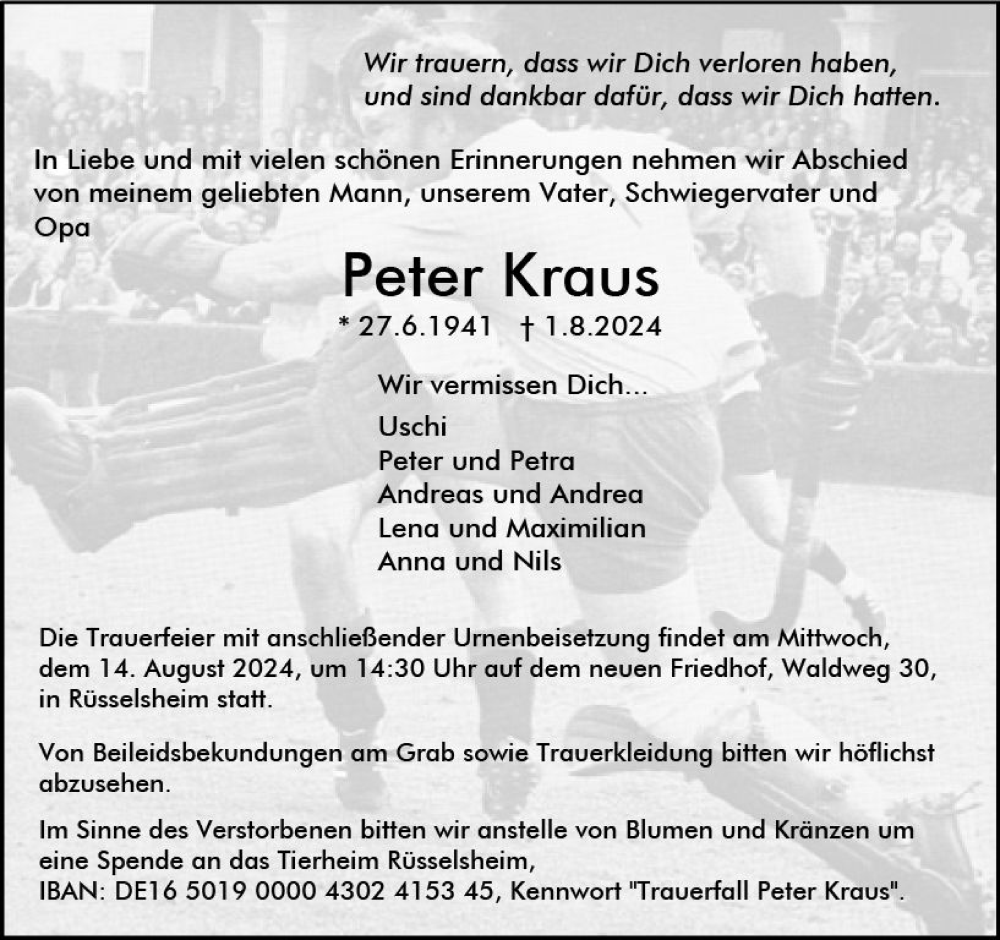  Traueranzeige für Peter Kraus vom 10.08.2024 aus Rüsselsheimer Echo