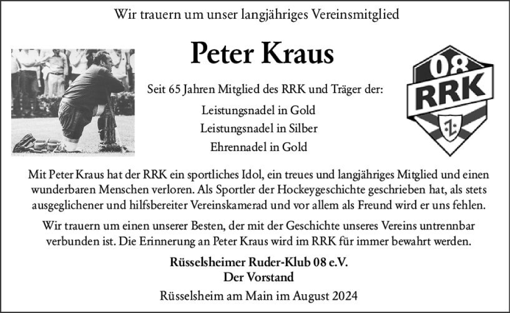  Traueranzeige für Peter Kraus vom 17.08.2024 aus Rüsselsheimer Echo
