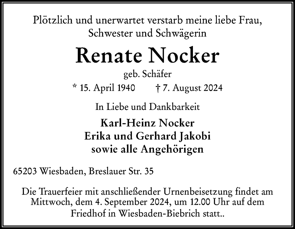  Traueranzeige für Renate Nocker vom 31.08.2024 aus Wiesbadener Kurier