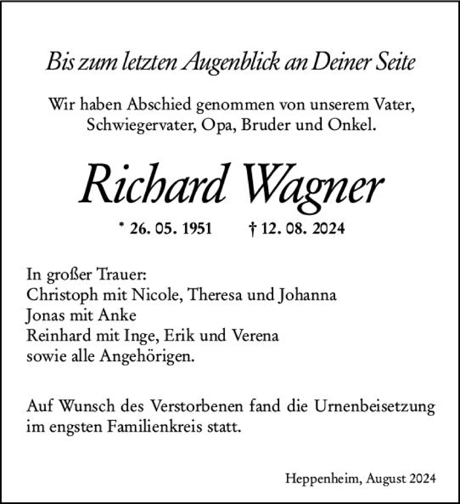  Traueranzeige für Richard Wagner vom 24.08.2024 aus Starkenburger Echo