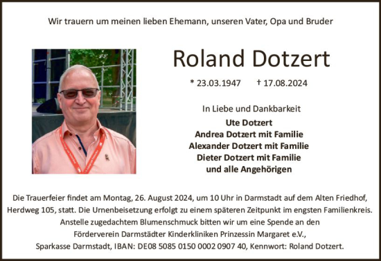 Traueranzeige von Roland Dotzert von Darmstädter Echo