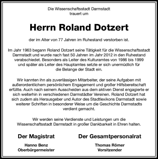 Traueranzeige von Roland Dotzert von Darmstädter Echo