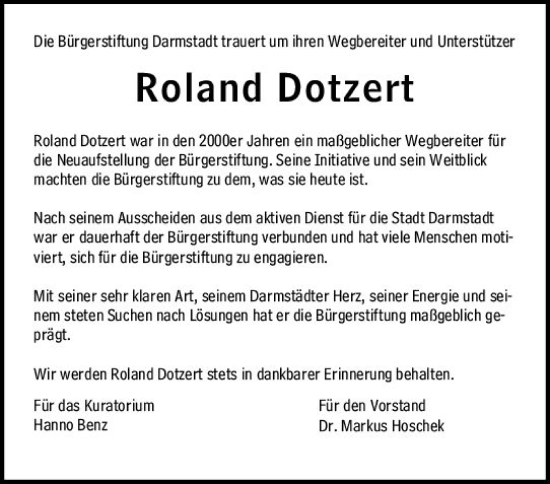 Traueranzeige von Roland Dotzert von Darmstädter Echo