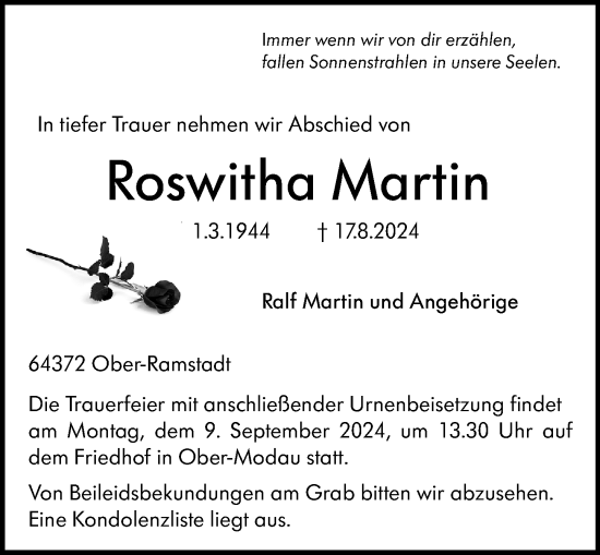 Traueranzeige von Roswitha Martin von Darmstädter Echo