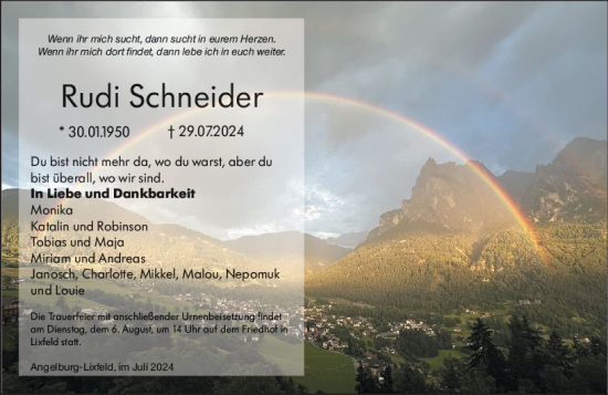 Traueranzeige von Rudi Schneider von Hinterländer Anzeiger