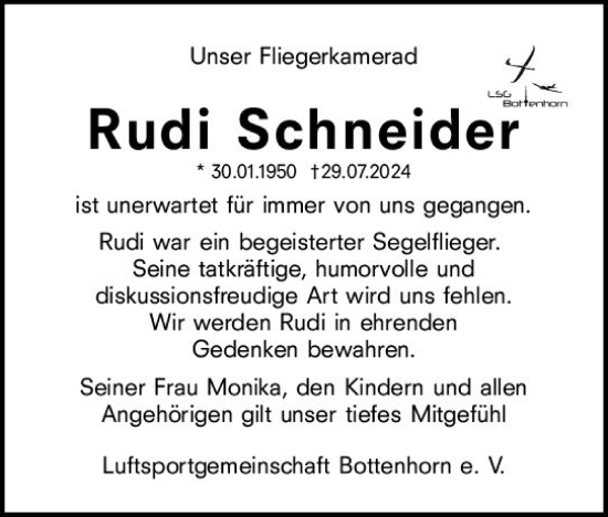 Traueranzeige von Rudi Schneider von Hinterländer Anzeiger