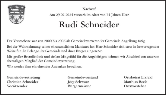 Traueranzeige von Rudi Schneider von Hinterländer Anzeiger