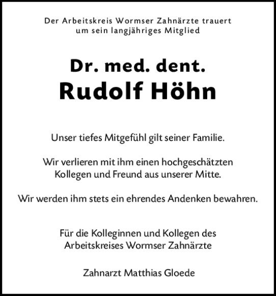 Traueranzeige von Rudolf Höhn von Wormser Zeitung