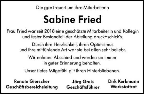 Traueranzeige von Sabine Fried von Allgemeine Zeitung Mainz