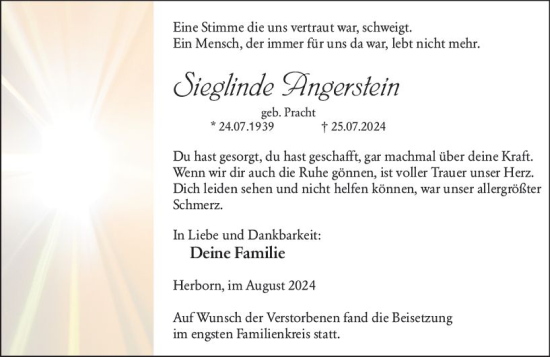 Traueranzeige von Sielinde Angerstein von Dill Block